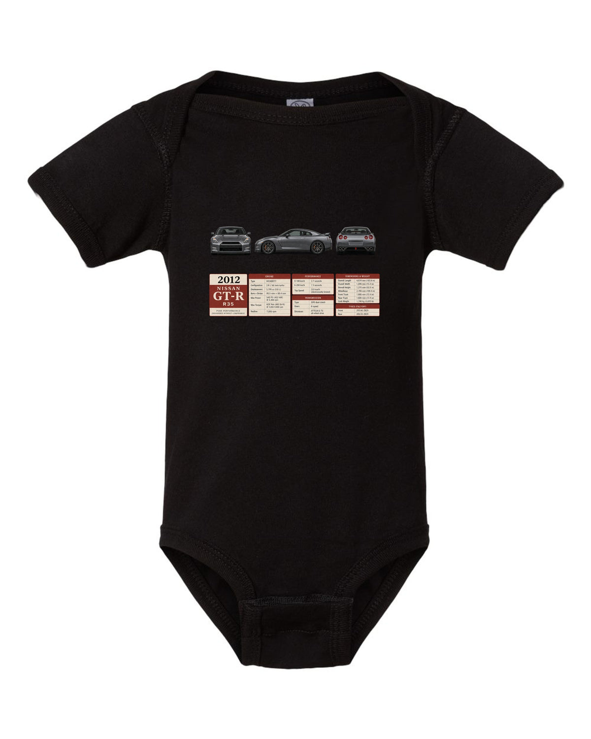Three-view drawing and spec table of a 2012 Nissan GT-R R35 in graphite grey black baby onesie front view with the design