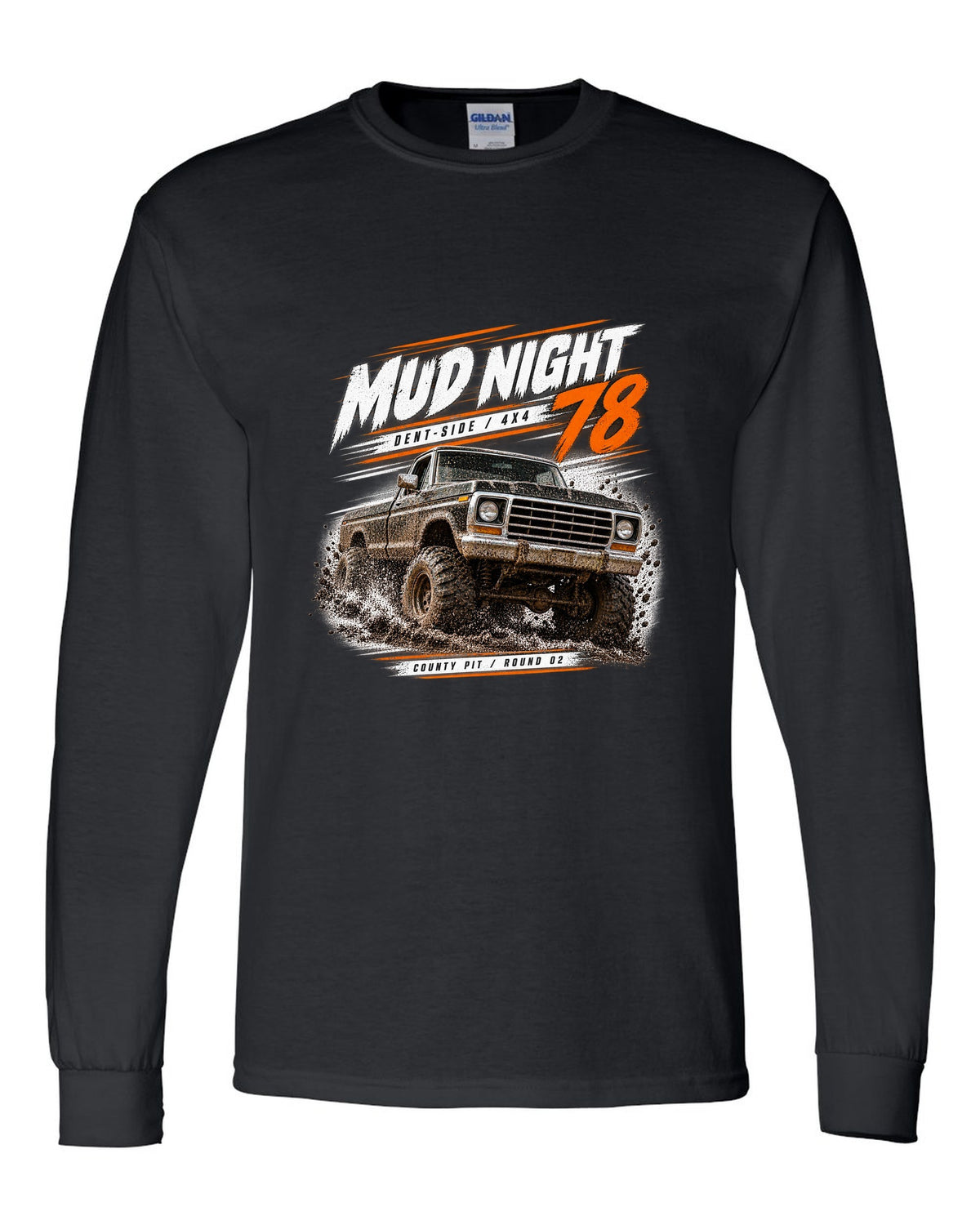 Ford F-150 Dent-Side 1973-79 4x4 Mud Night Race Poster Tee black long sleeve front view with the design