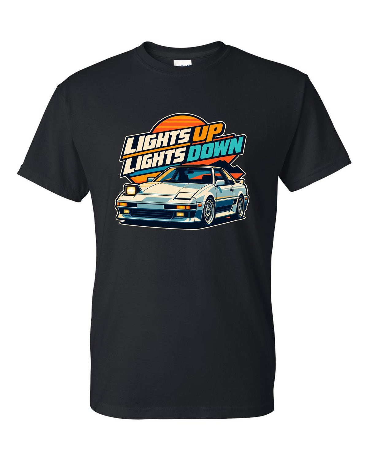 Pixel art of a Toyota AE86 Sprinter Trueno with pop-up headlights raised black t-shirt front view with the design
