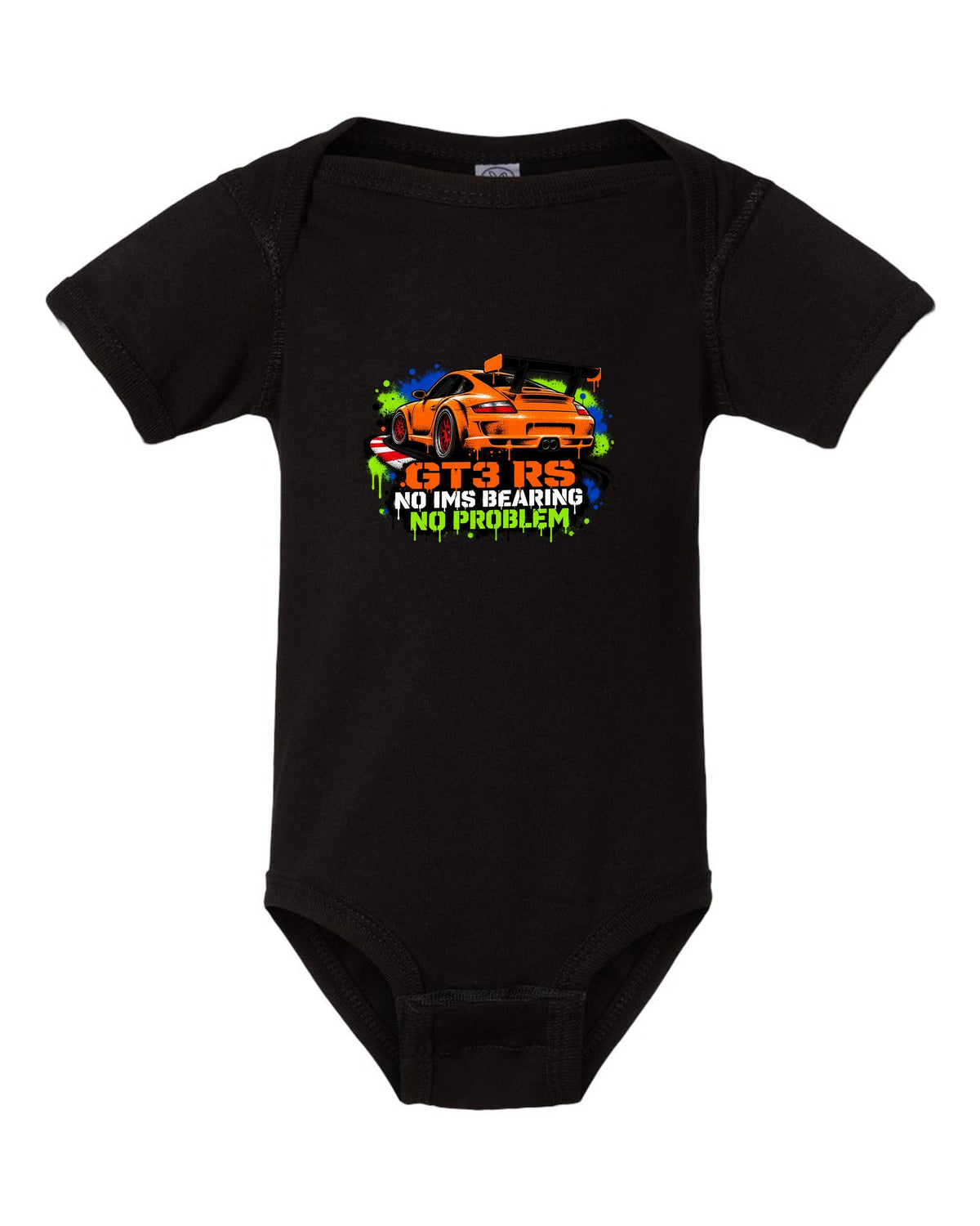 Porsche 996 GT3 RS graffiti stencil spray paint design with IMS joke black baby onesie front view with the design