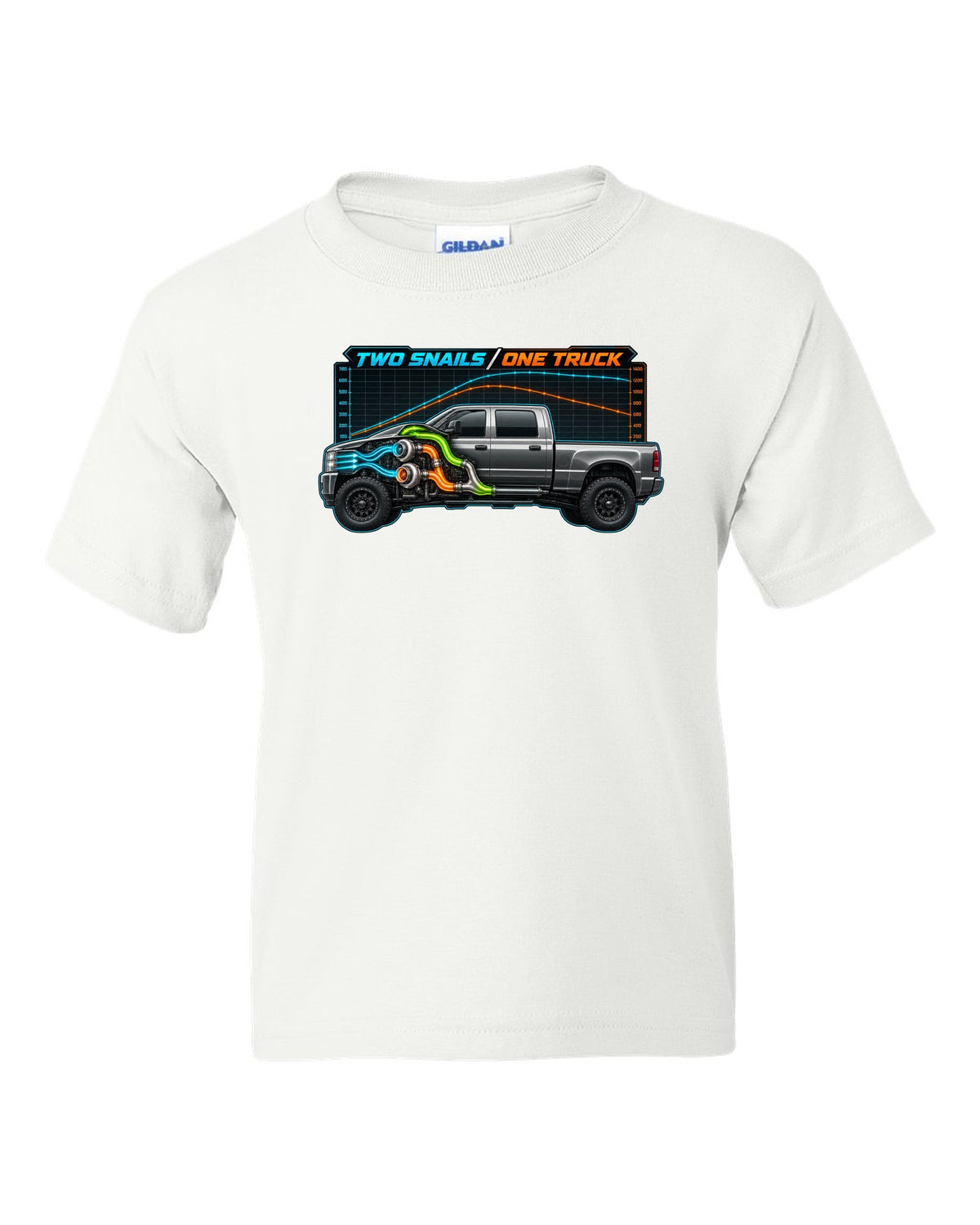 Dyno chart and gauge print of a 2003-2009 Dodge Ram 2500 Cummins compound turbo with two snails one truck text white kids tee front view with the design