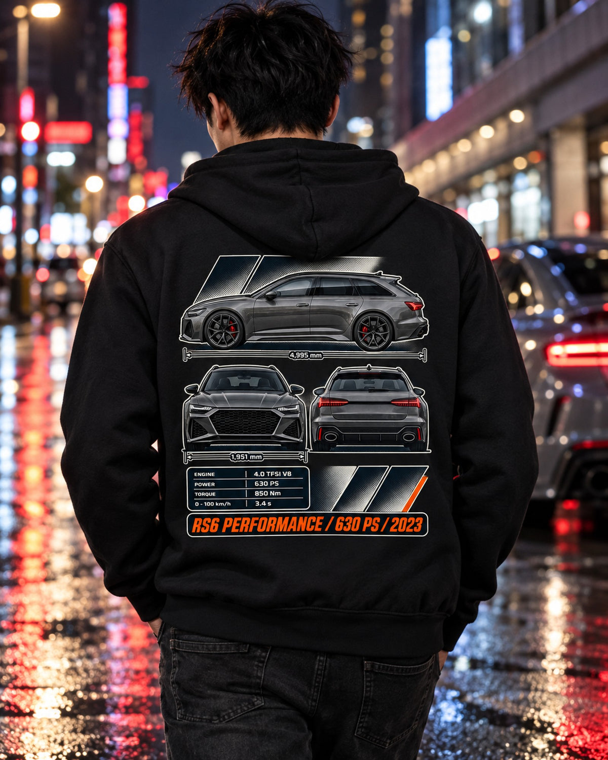 Audi RS6 Avant Performance Three-View Spec Tee, 630 PS Zip Hoodie Black worn hero