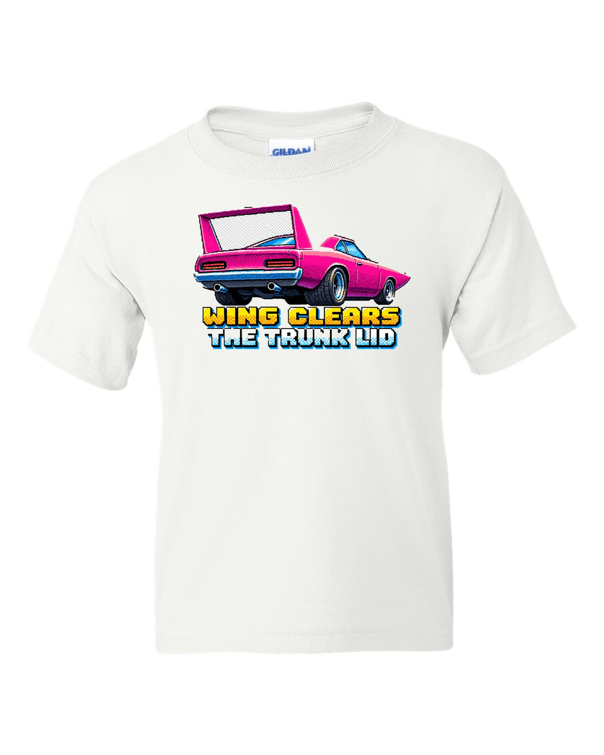 1970 Plymouth Superbird 16-bit pixel art print with Wing Clears The Trunk Lid text white kids tee front view with the design