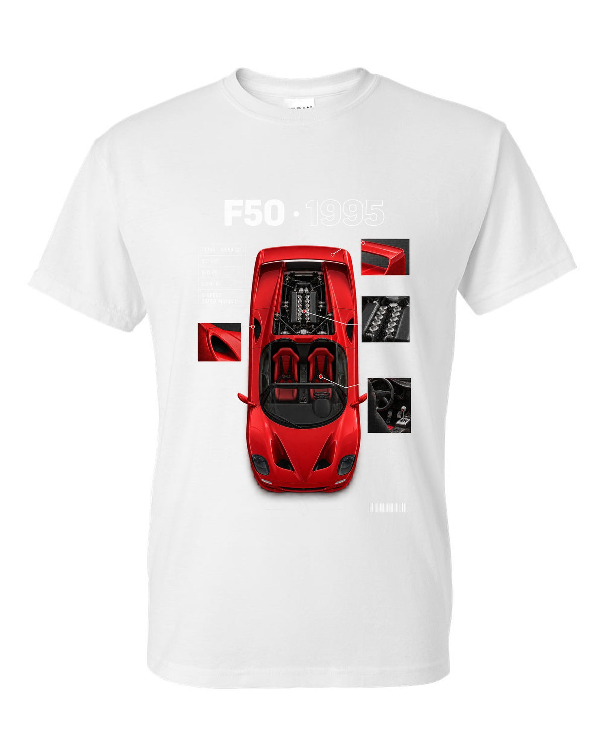 Ferrari F50 1995 top-down plan spec poster print, F130B 4,698 cc V12, 520 PS white t-shirt front view with the design
