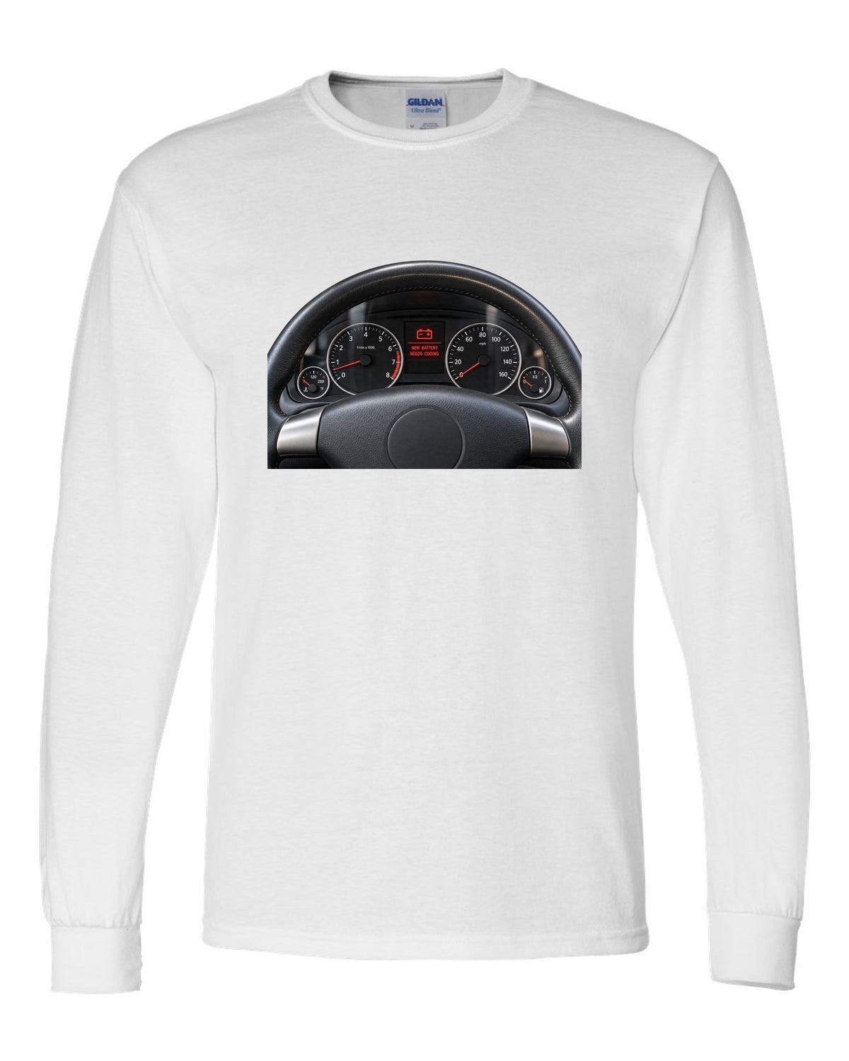 BMW E92 M3 cockpit gauge print with new battery needs coding text white long sleeve front view with the design