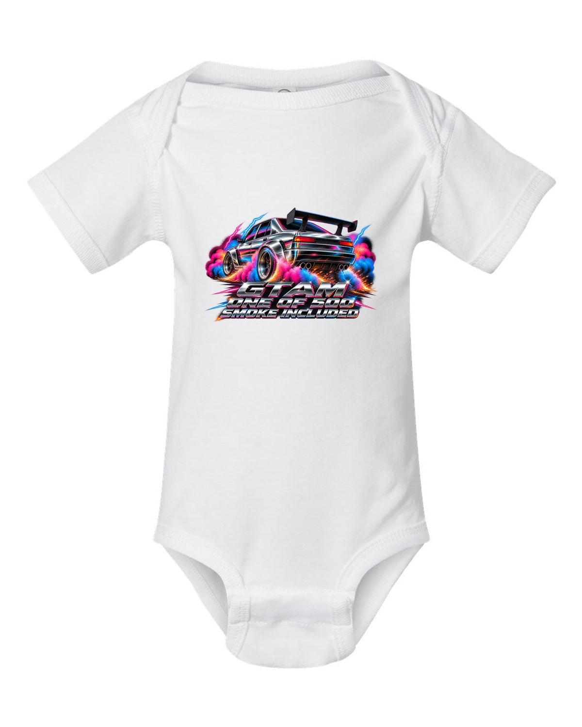 80s airbrush chrome style Alfa Romeo Giulia GTAm with one of 500 smoke included text white baby onesie front view with the design
