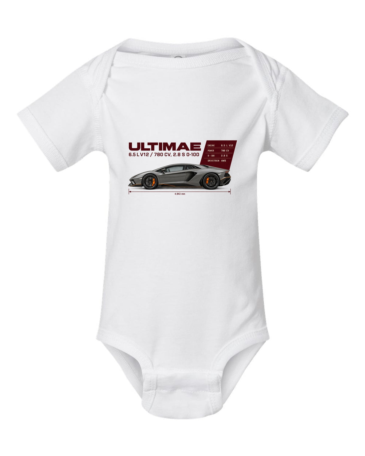 Spec poster print of the Lamborghini Aventador Ultimae with V12 figures white baby onesie front view with the design