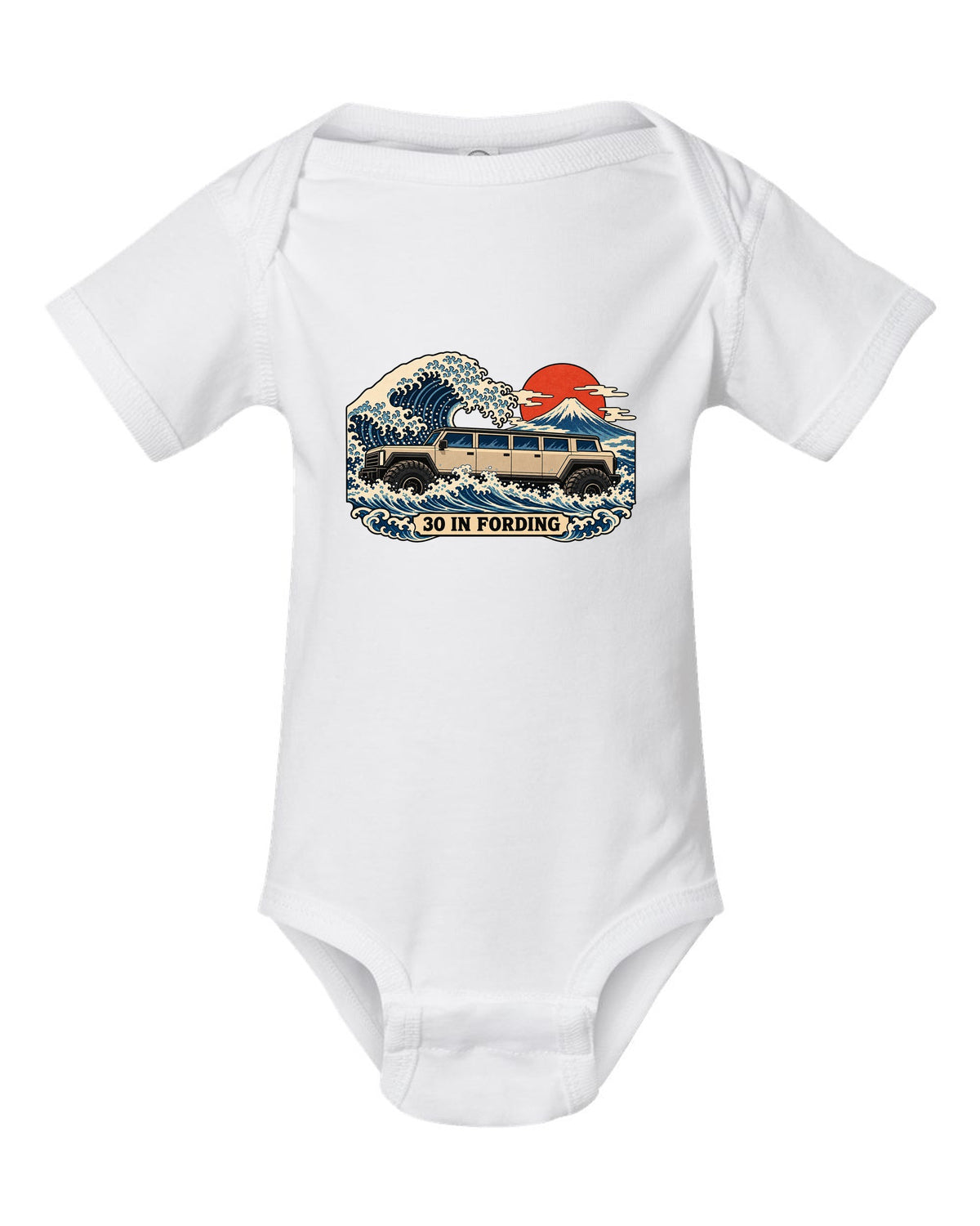 Ukiyo-e woodblock wave print with a 1992-2006 Hummer H1 and 30 IN FORDING text white baby onesie front view with the design