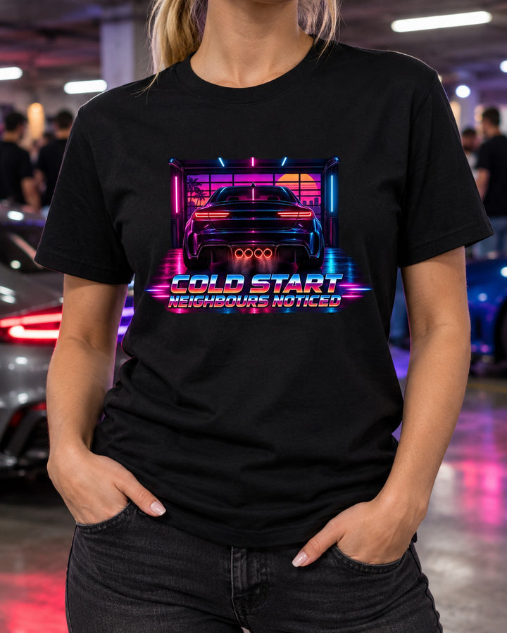 Giulia Quadrifoglio 952 Synthwave Cold Start Garage Tee T-Shirt Black worn hero