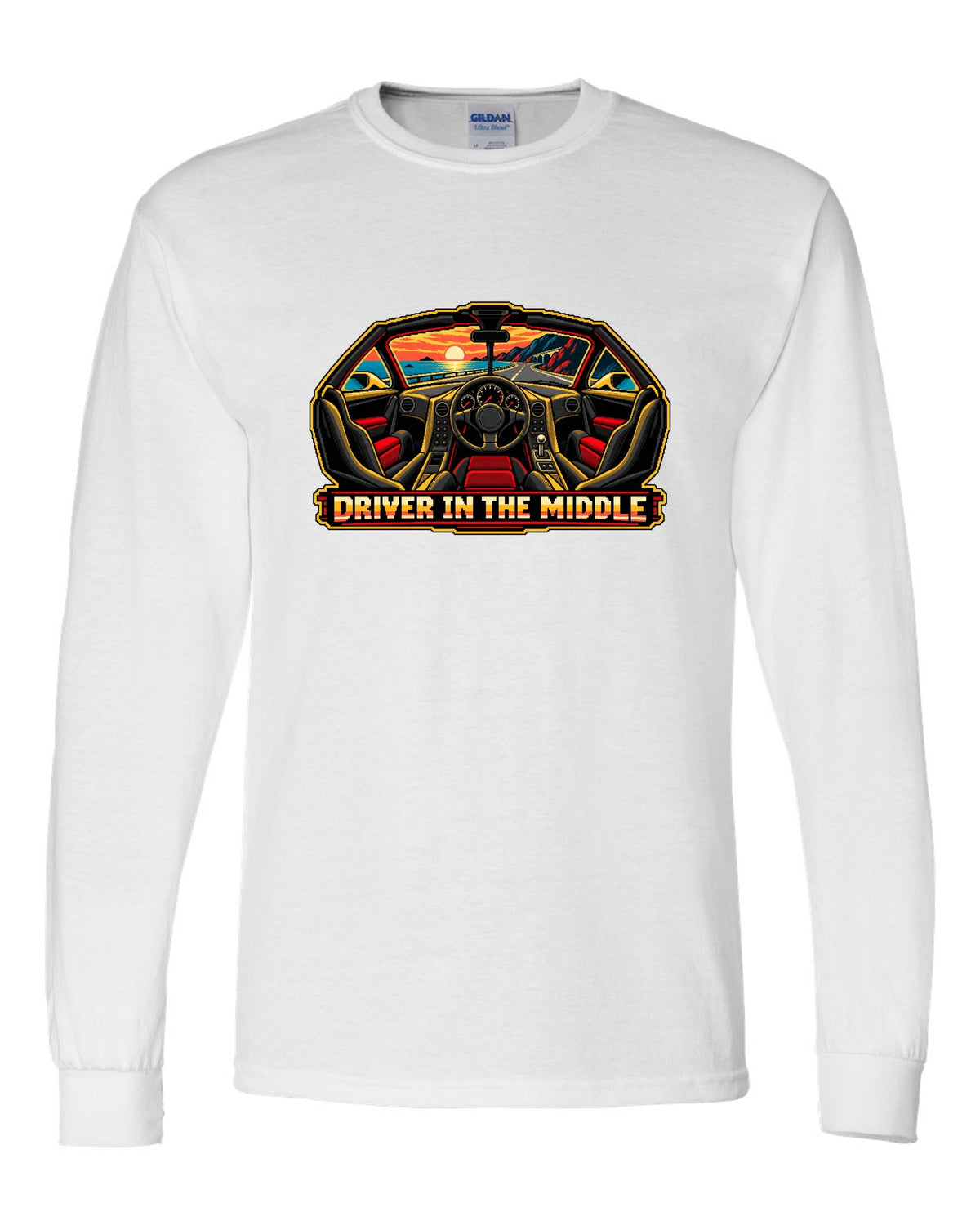 8/16-bit pixel art print of the McLaren F1 with Driver in the Middle lettering white long sleeve front view with the design