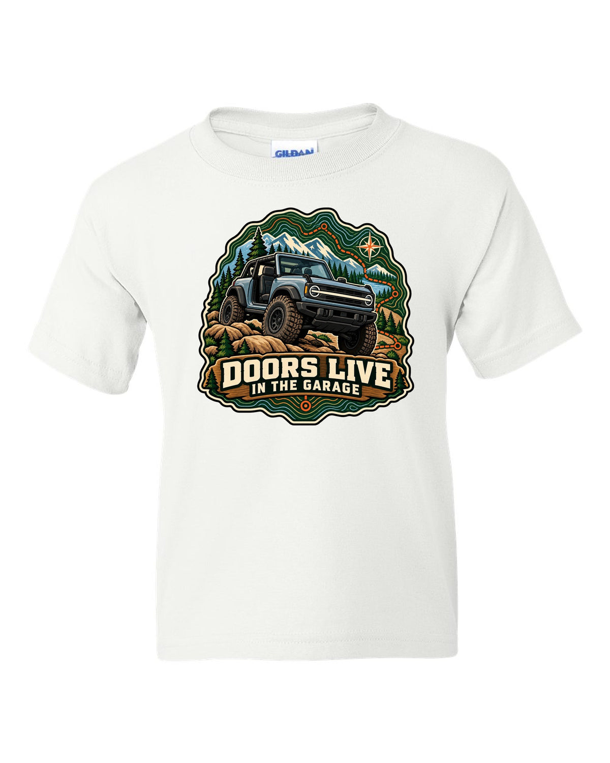 Ford Bronco U725 two-door on a topographic trail route map print white kids tee front view with the design
