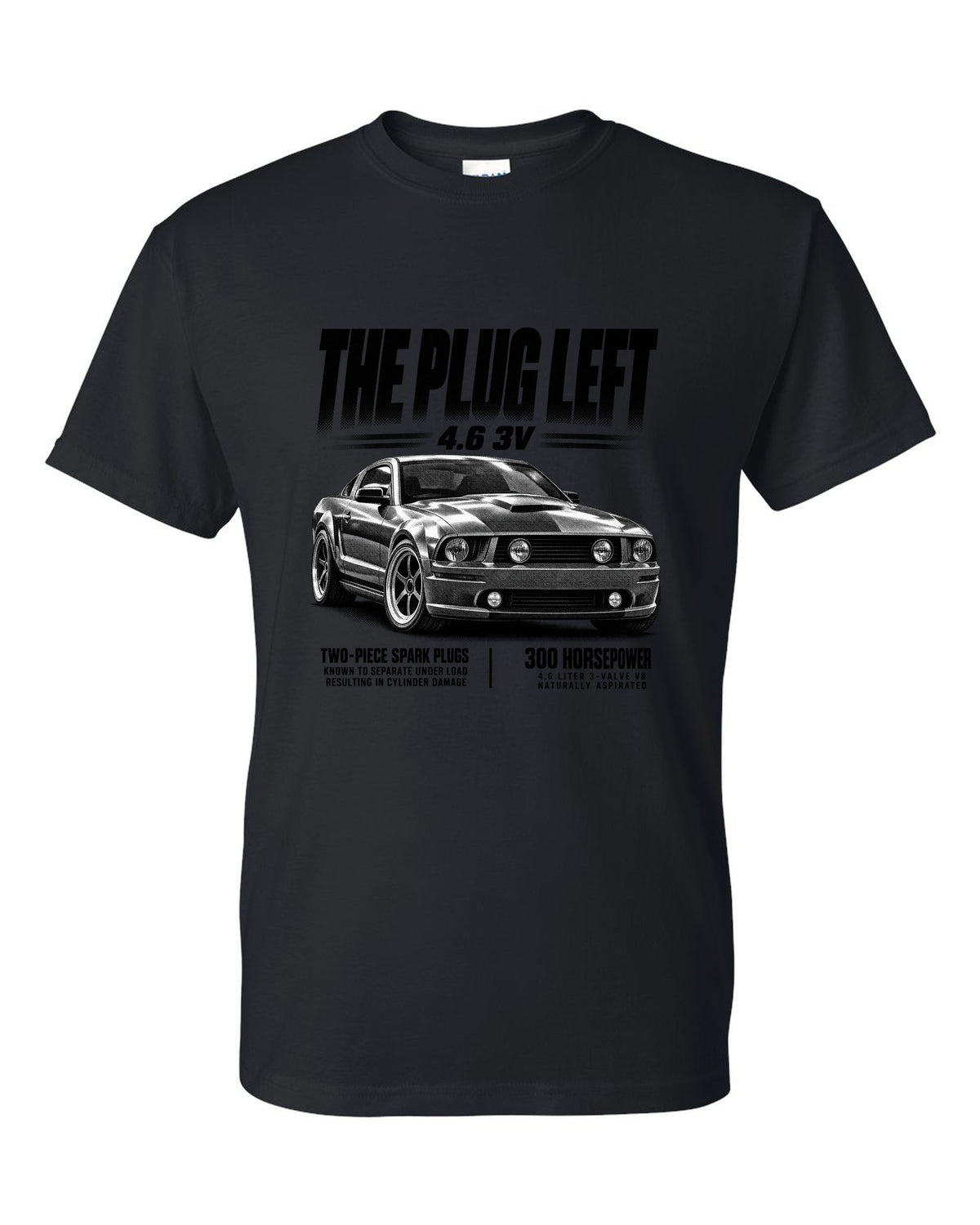 Halftone print of a 2005-09 Ford Mustang S197 GT with 4.6 3V text black t-shirt front view with the design