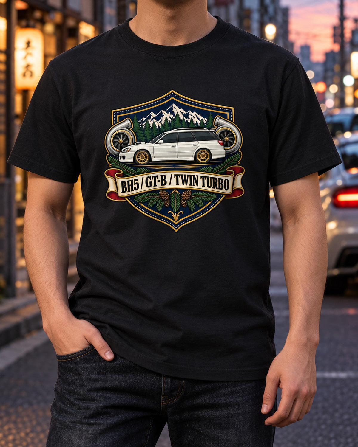 Subaru Legacy BH5 GT-B Wagon Shield Crest print Shirt T-Shirt Black worn hero