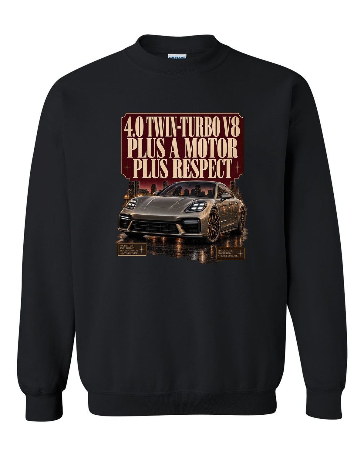 Editorial headline print of a low front three-quarter Porsche Panamera Turbo S E-Hybrid G3 at dusk black crewneck front view with the design