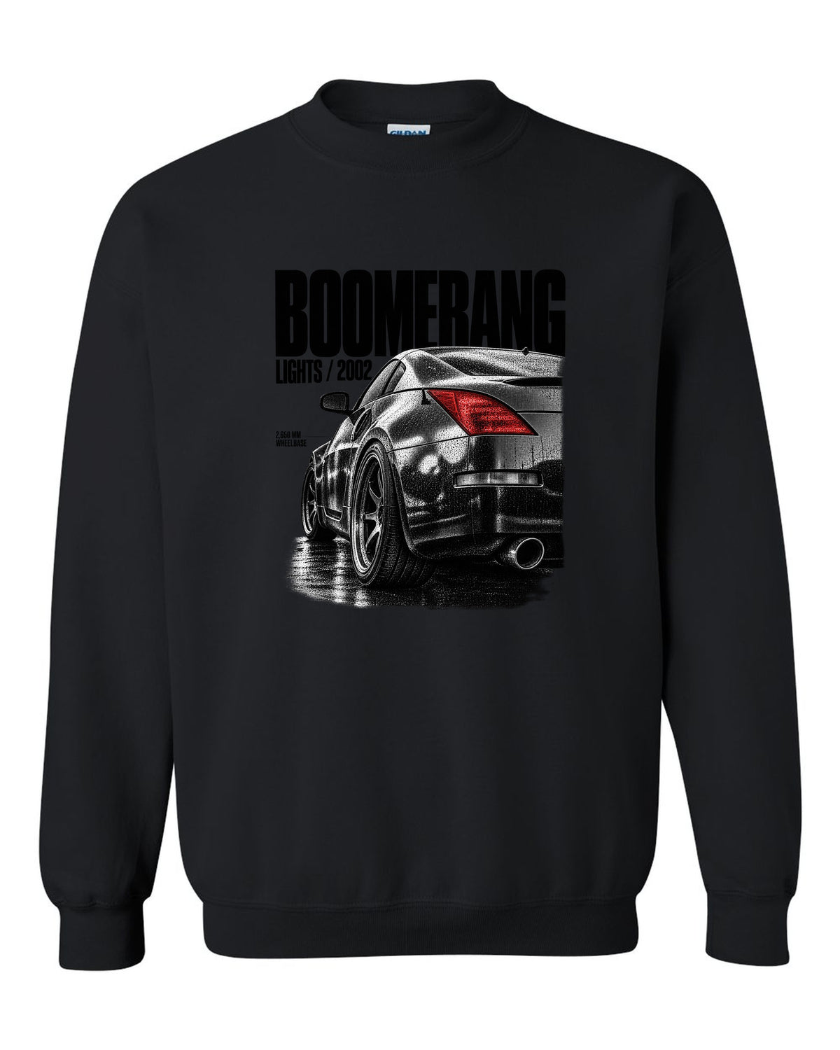 Macro print of Nissan 350Z Z33 boomerang taillights with 2,650 mm wheelbase text black crewneck front view with the design