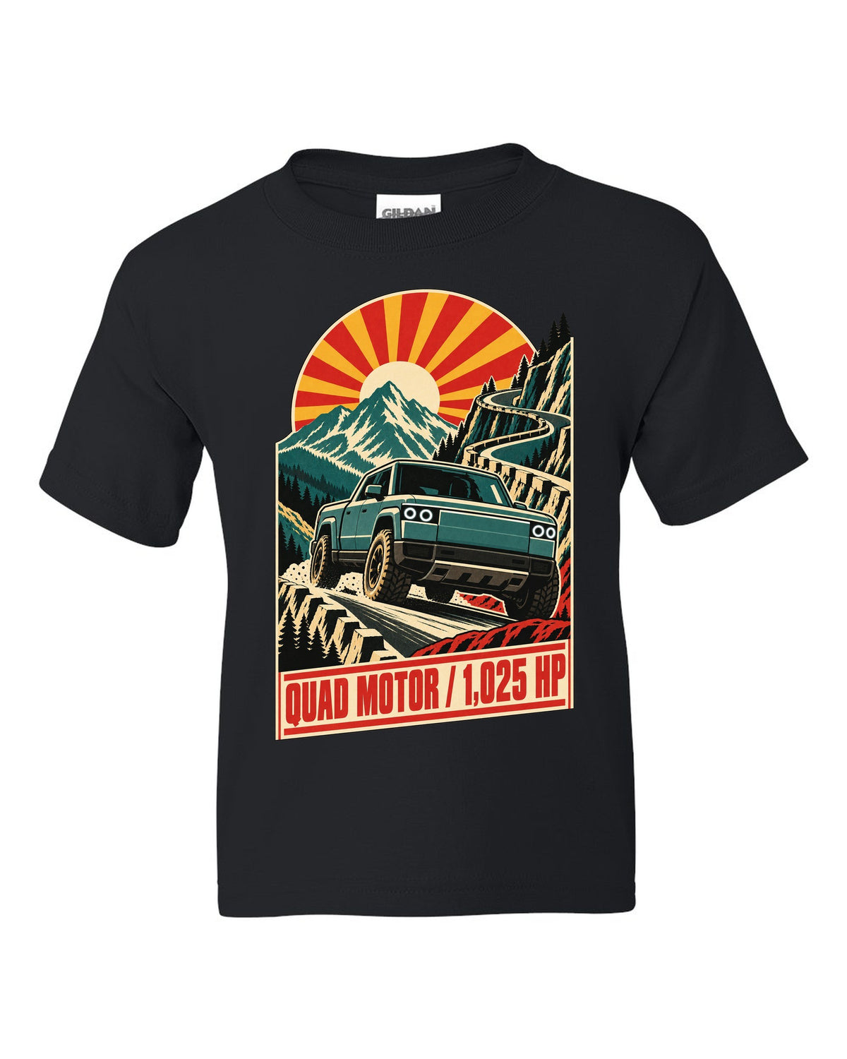 1960s lithographed vintage race poster print of a Rivian R1T reading Quad Motor 1,025 HP black kids tee front view with the design