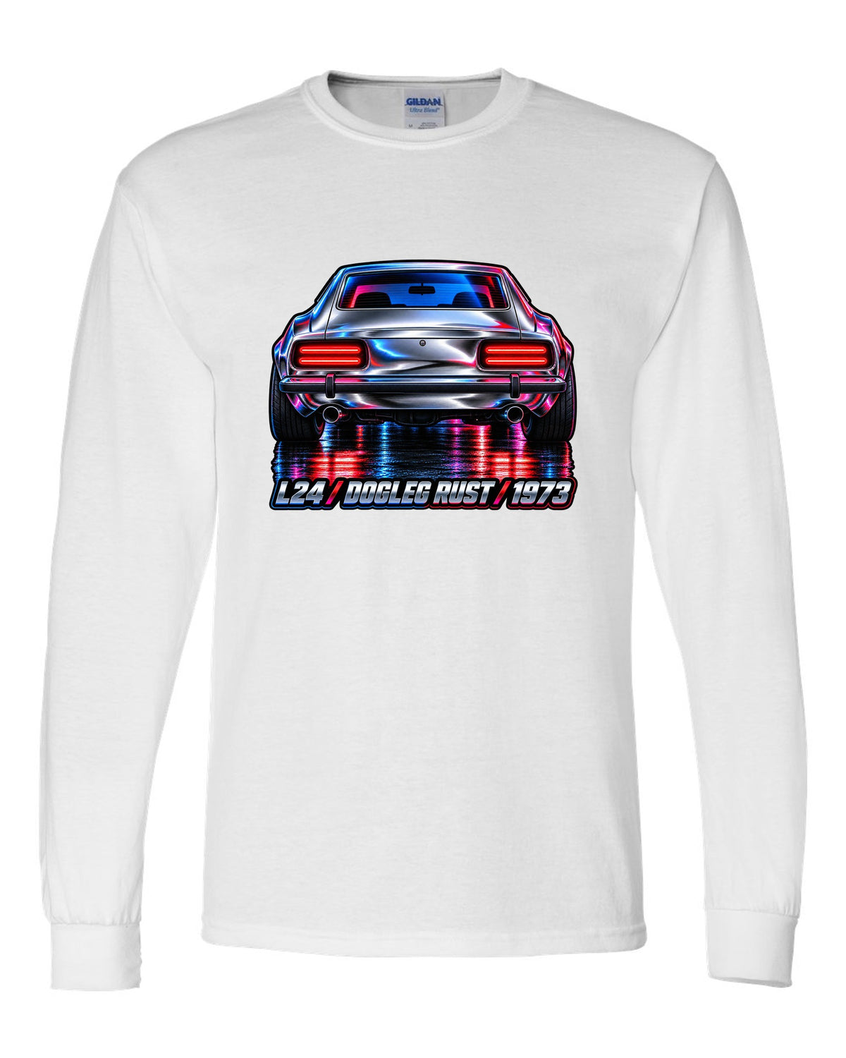 Airbrush chrome close-up of a 1973 Datsun 240Z rear taillights white long sleeve front view with the design