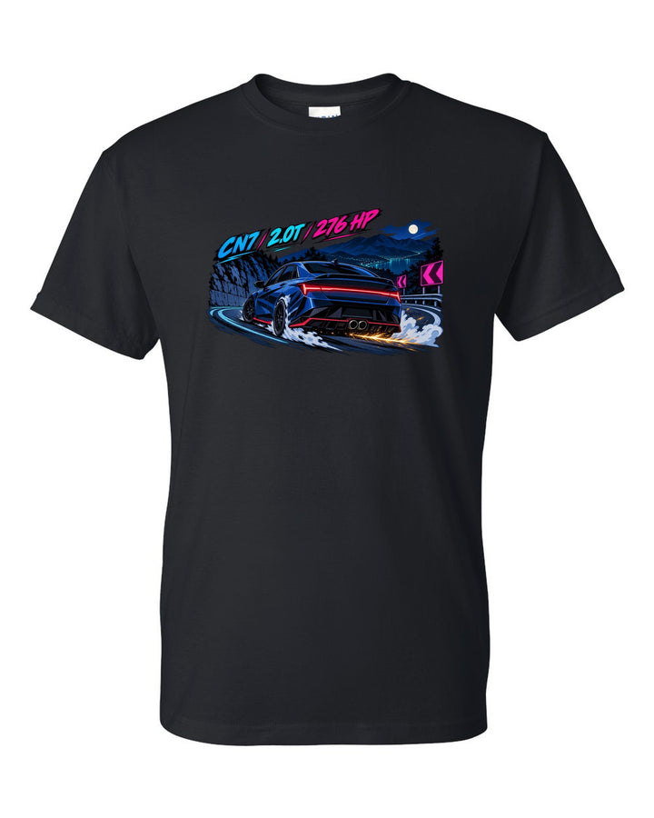 Cel-shaded anime night touge print of a Hyundai Elantra N CN7 with 2.0T 276 HP text black t-shirt front view with the design