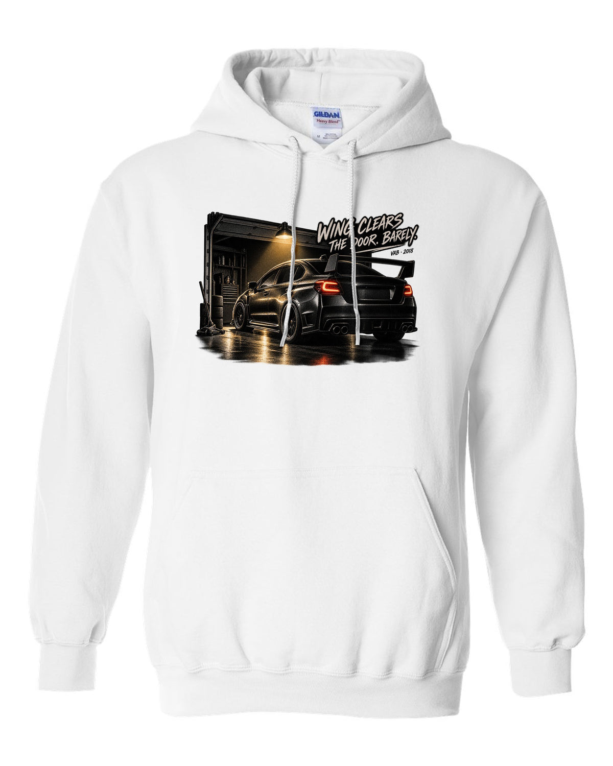 Subaru WRX STI VAB 2018 in a garage with wing clears the door barely text white pull over hoodie front view with the design