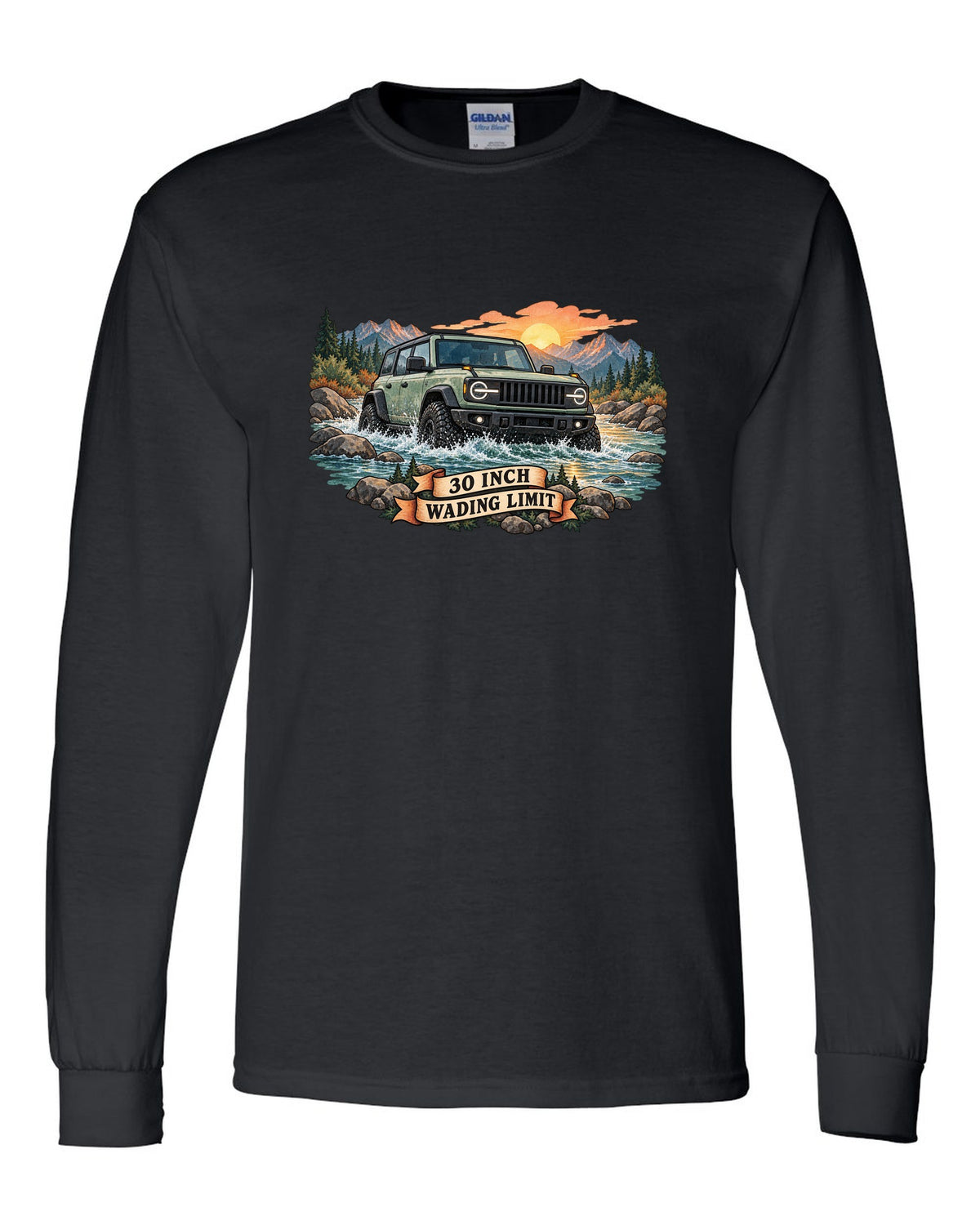 Jeep Wrangler JLU watercolour river crossing at sunrise with 30 inch wading limit text black long sleeve front view with the design