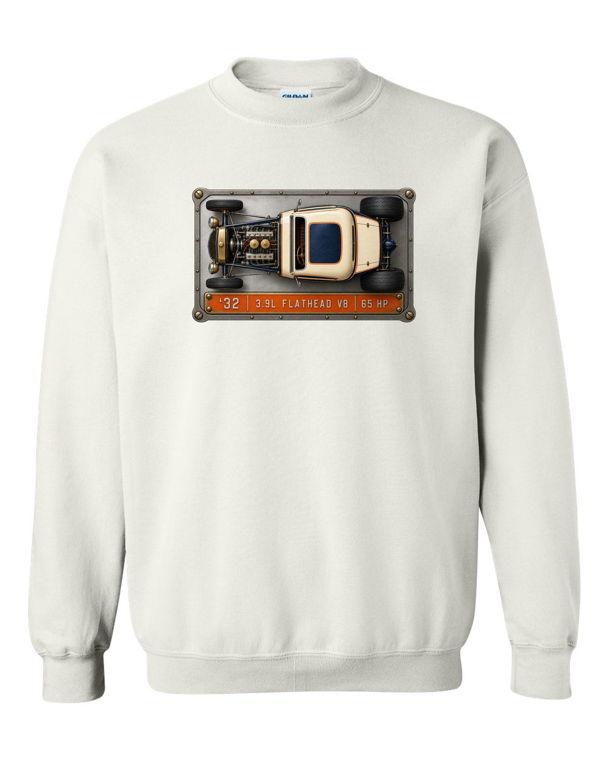 Spec sheet data plate print of a top-down 1932 Ford Deuce coupe with flathead V8 lettering white crewneck front view with the design