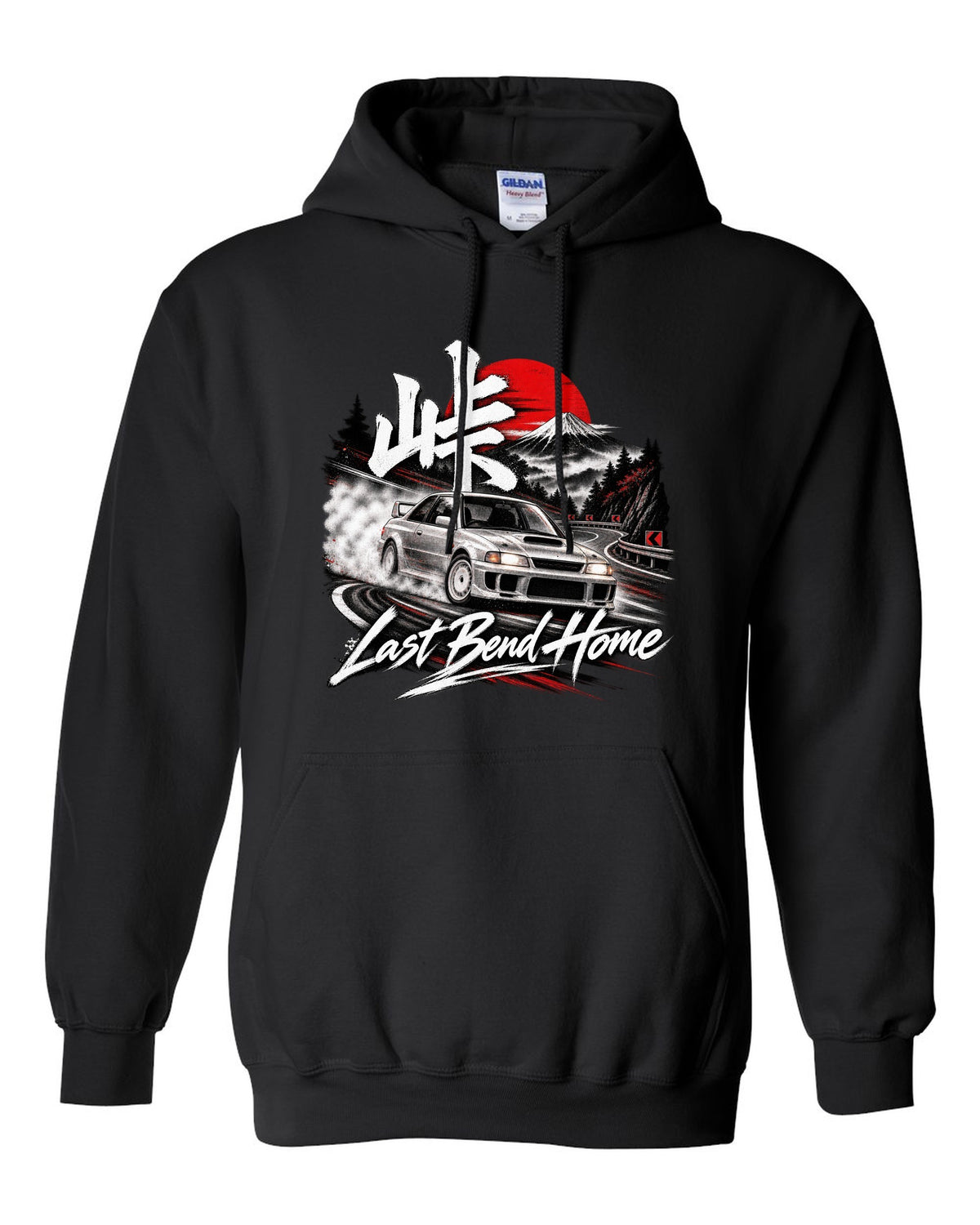 Subaru Impreza WRX GC8 coupe at a night touge bend with Last Bend Home text black pull over hoodie front view with the design