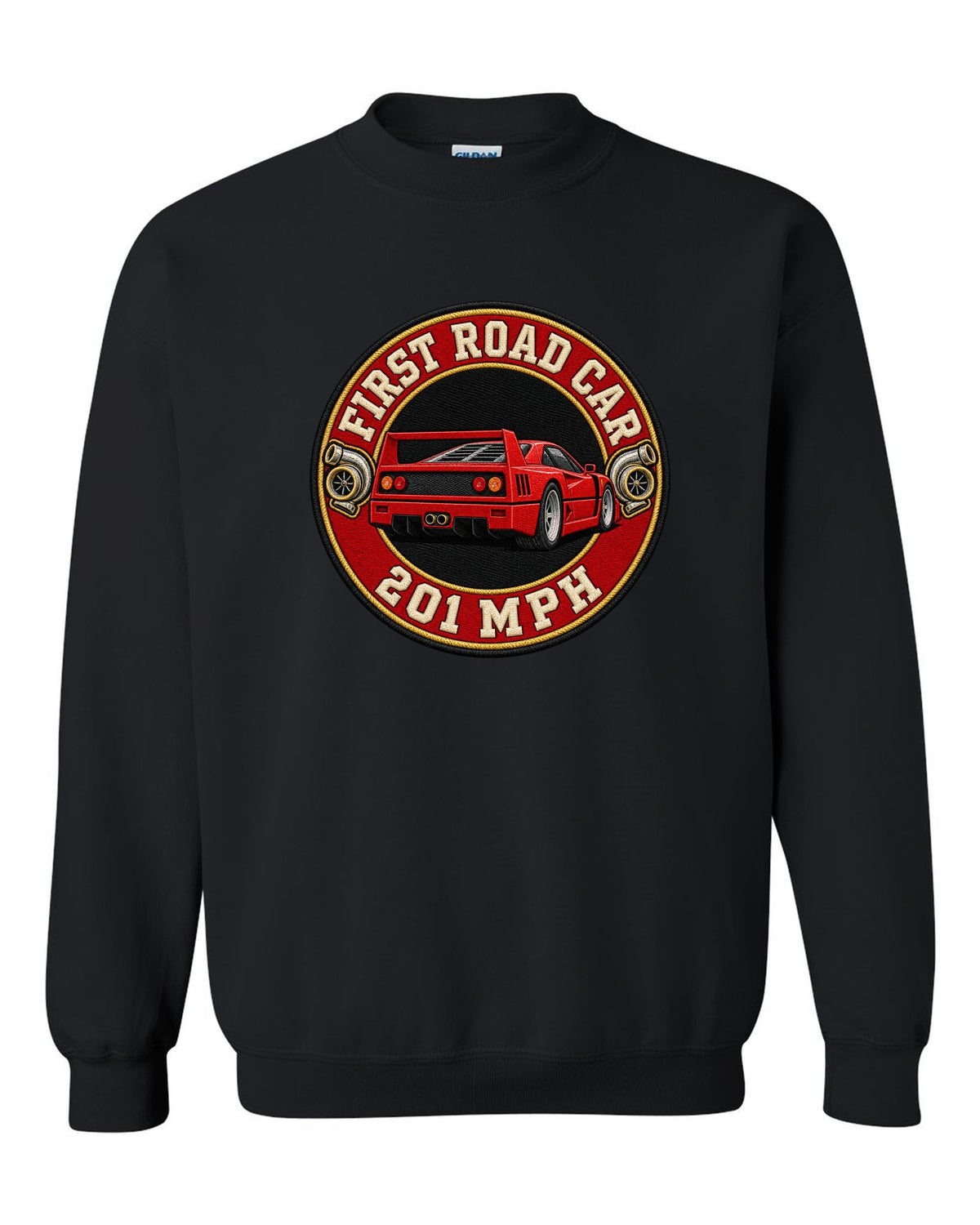Embroidery-style varsity roundel of a 1987 Ferrari F40 F120 with first road car 201 MPH text black crewneck front view with the design