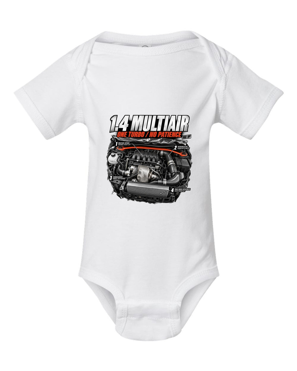 Engine hero print of the Fiat 500 Abarth 1.4 MultiAir turbo with 160 HP text white baby onesie front view with the design