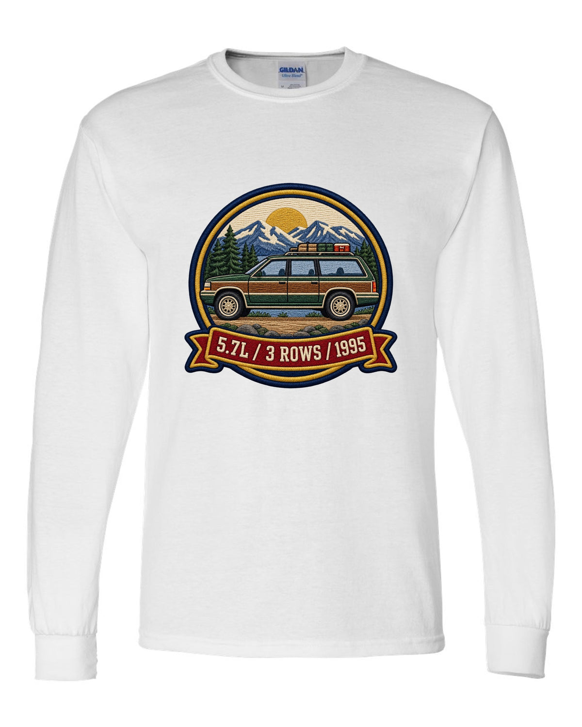 Varsity round crest print for a 1992-1999 Chevrolet Suburban GMT400 with 5.7L, 3 Rows, 1995 text white long sleeve front view with the design