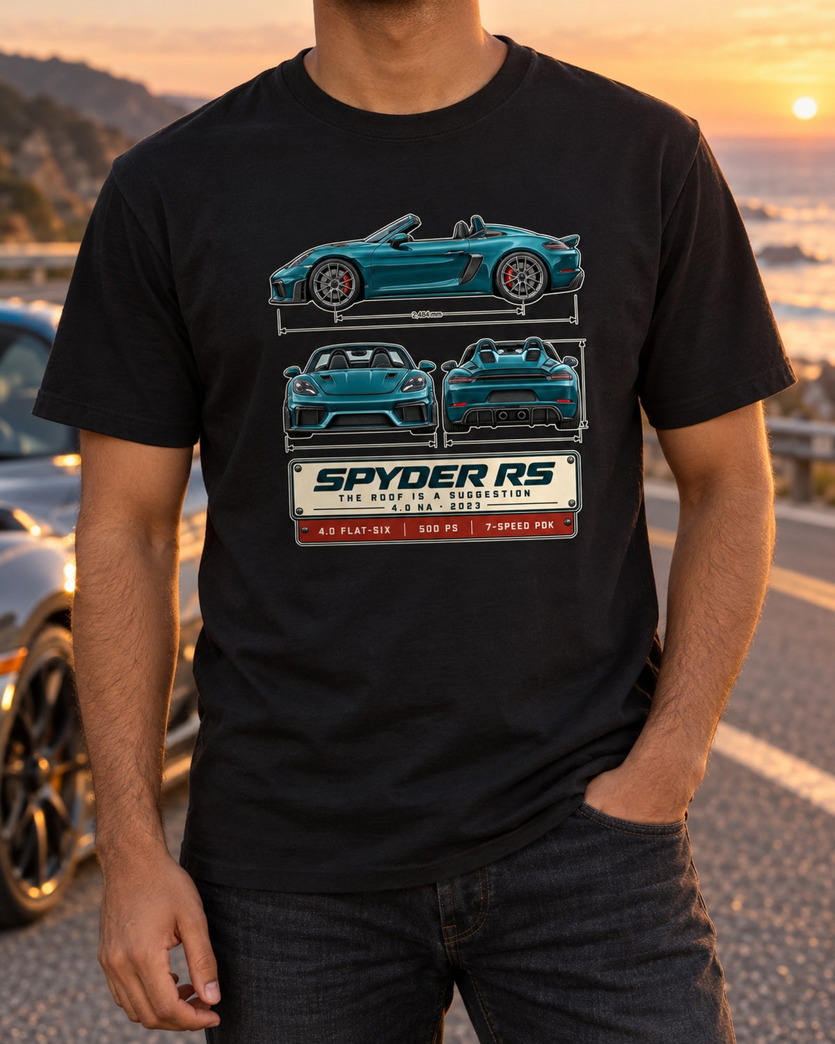 Porsche 718 Spyder RS 982 Three-View Spec Shirt, 4.0 NA T-Shirt Black worn hero