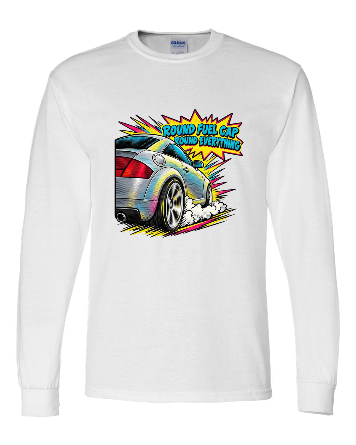 Comic halftone pop-art print of an Audi TT 8N with Round Fuel Cap text white long sleeve front view with the design