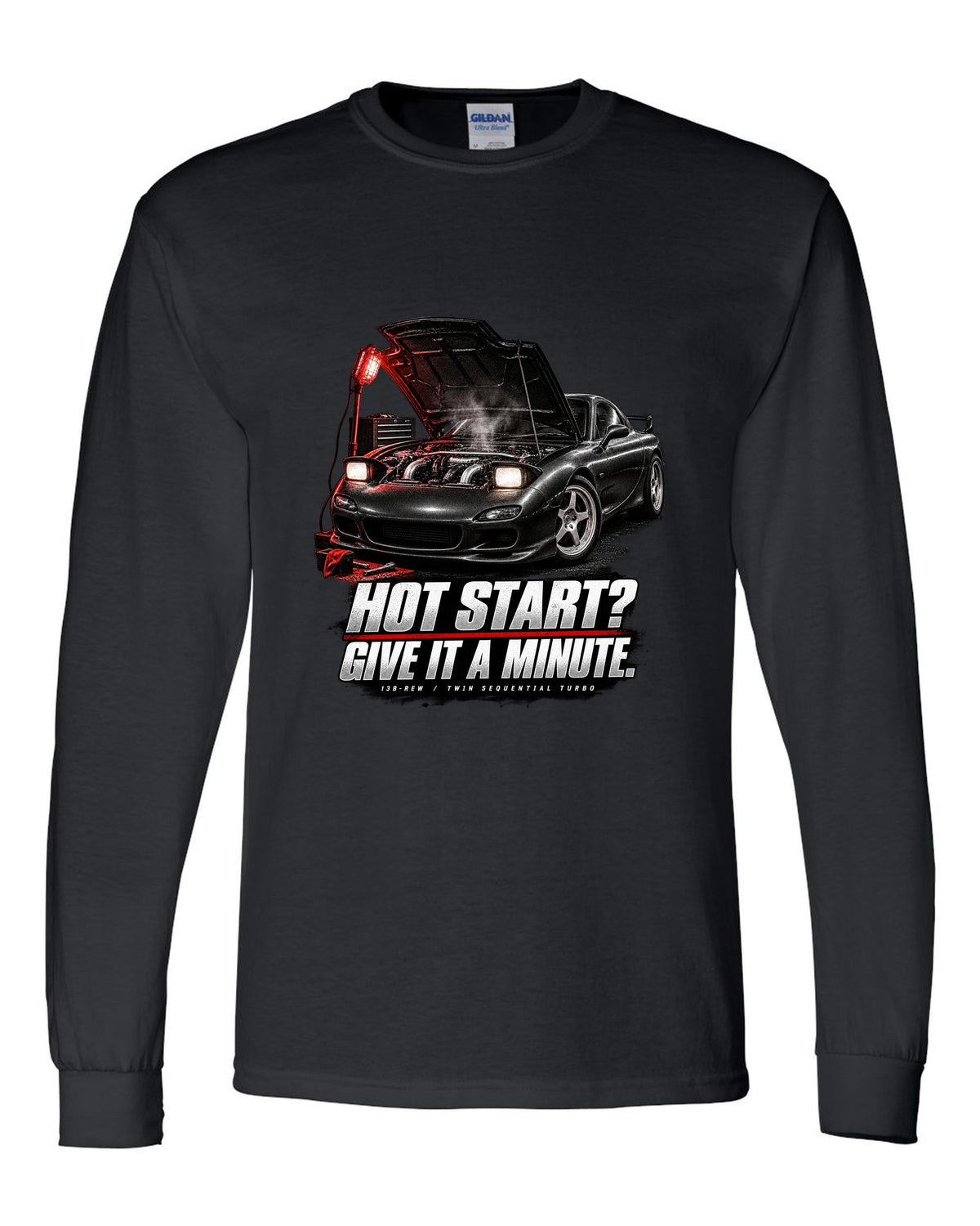 Garage night print of a Mazda RX-7 FD3S with hot start joke and 13B-REW lettering black long sleeve front view with the design