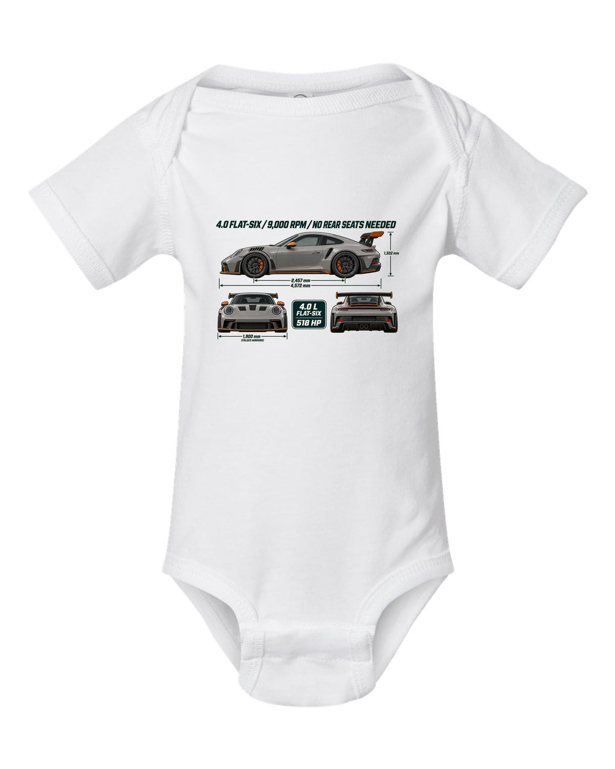 Three-view drawing and spec table of a Porsche 911 GT3 RS 992 in warm grey white baby onesie front view with the design