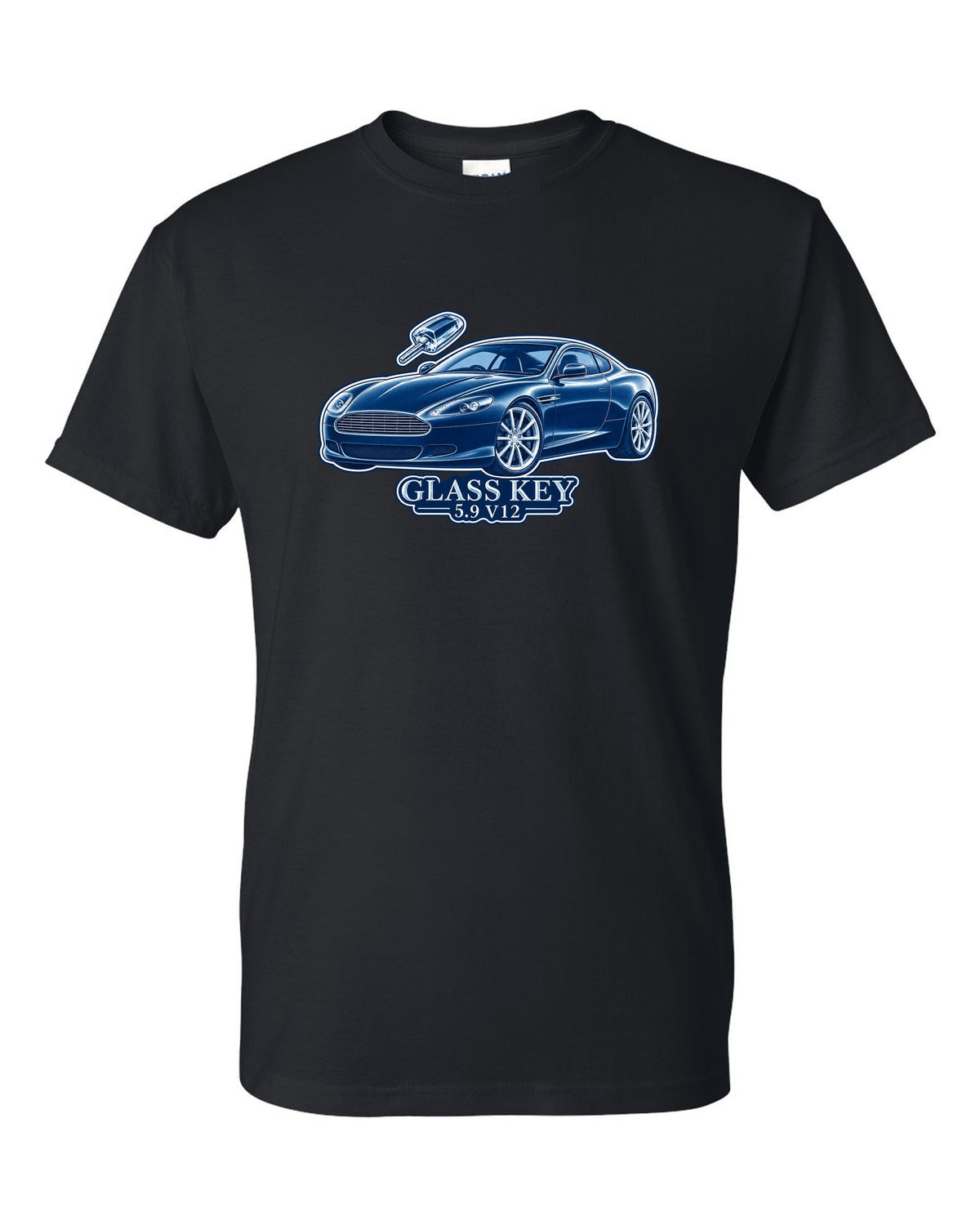 Cel-shaded anime night street print of a 2005 Aston Martin V8 Vantage in rain with glass key lettering black t-shirt front view with the design
