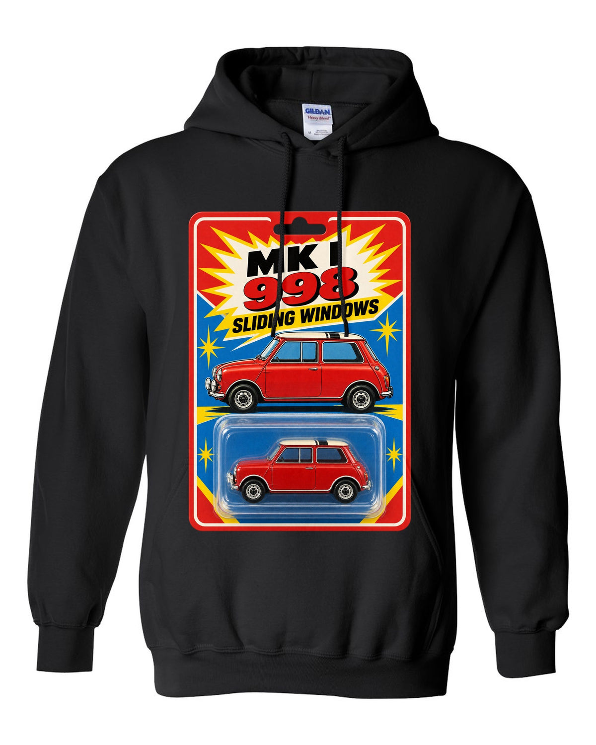 1967 Mini Cooper Mk I on a toy blister card with 998 and sliding windows text black pull over hoodie front view with the design