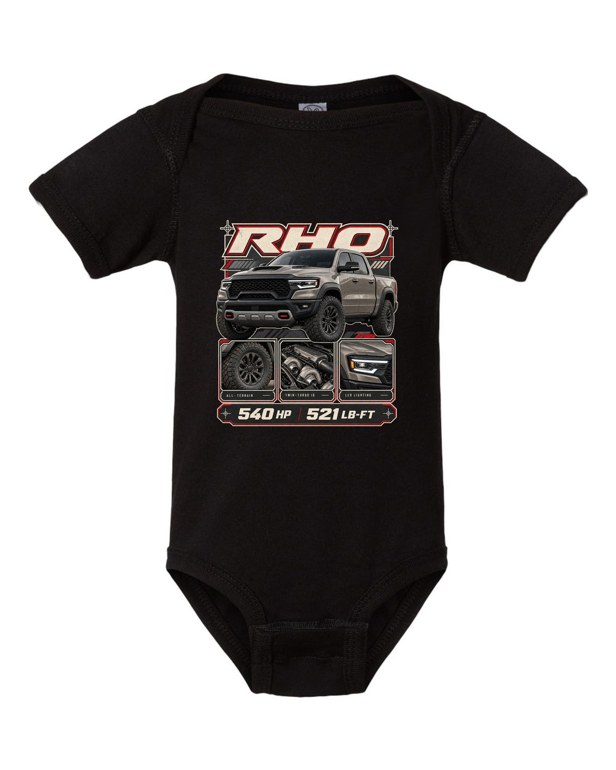 Ram 1500 RHO 2025 dossier panels with horsepower and torque print black baby onesie front view with the design