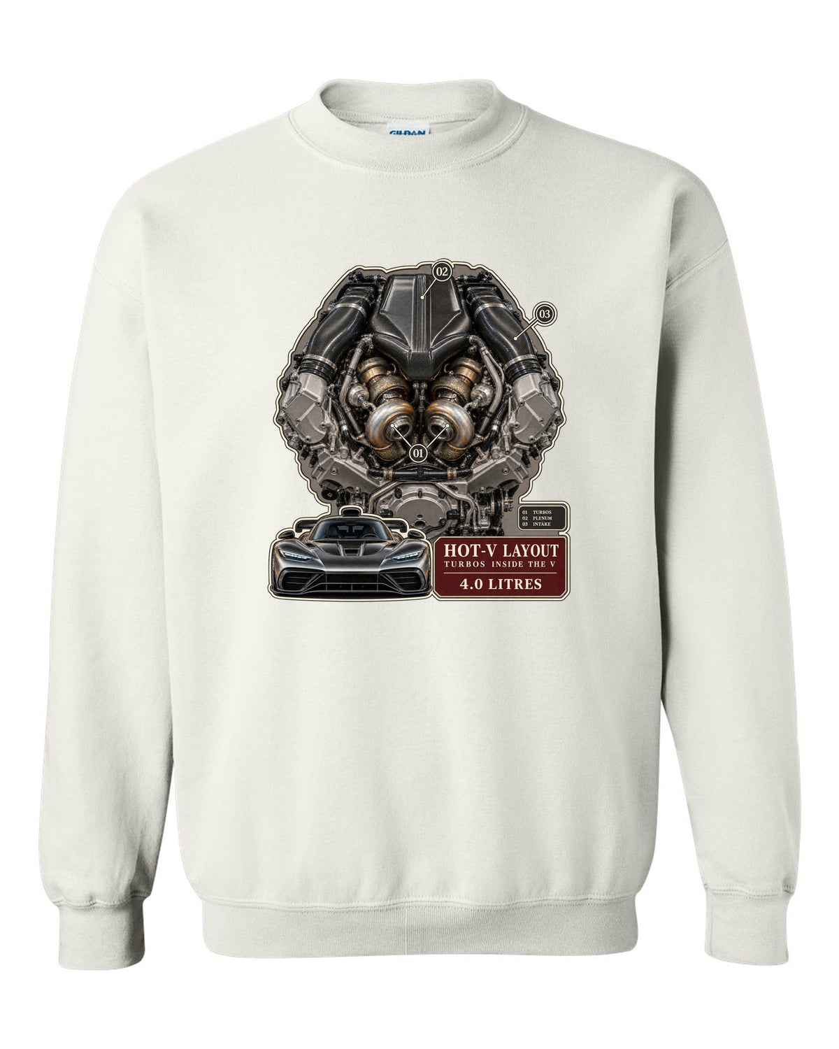 Mercedes-AMG GT 63 M178 4.0 litre biturbo V8 engine illustration white crewneck front view with the design