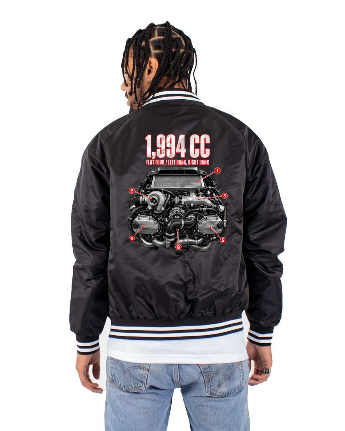 Subaru EJ20 Flat-Four Engine Anatomy Tee, GC8 WRX EJ20K Bomber Jacket Black back