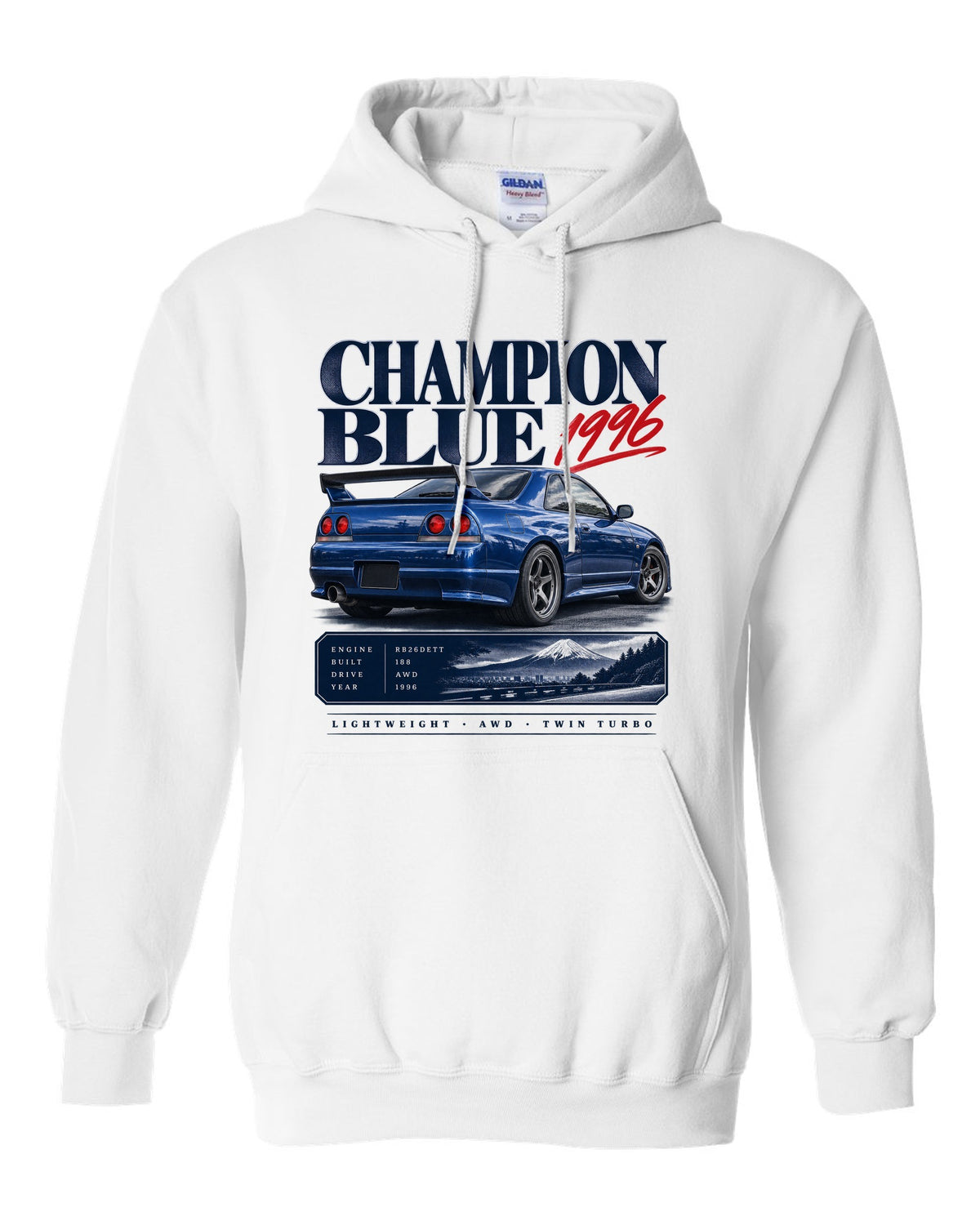 Archive panel of a Nissan Skyline GT-R R33 LM Limited in Champion Blue with 1996 and 188 made lettering white pull over hoodie front view with the design