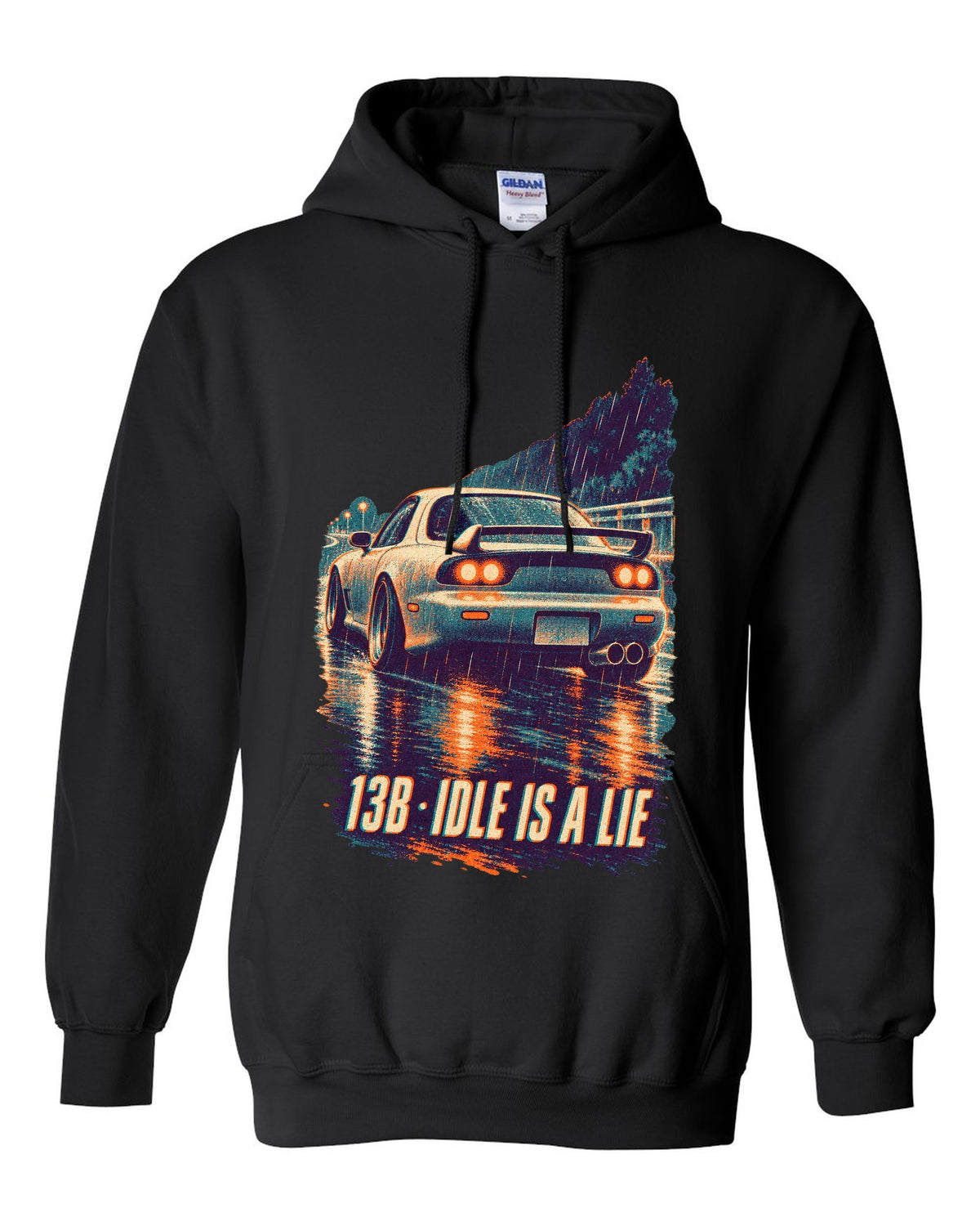Three-colour risograph print for the Mazda RX-7 FD3S with 13B idle is a lie lettering black pull over hoodie front view with the design