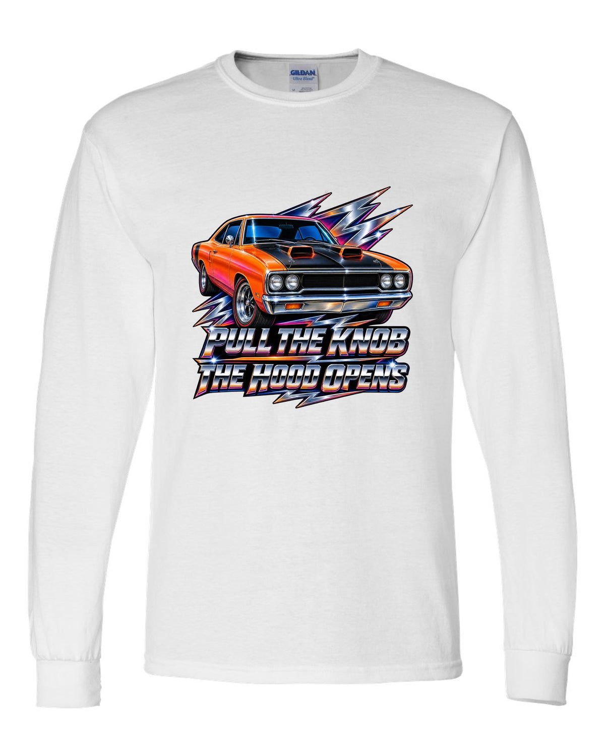 80s airbrush chrome design of a 1970 Plymouth Road Runner with pull the knob hood text white long sleeve front view with the design