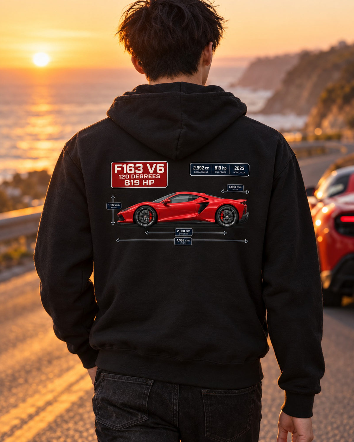 Ferrari 296 GTB Dimension Blueprint Tee, Car Guy Gift Zip Hoodie Black worn hero
