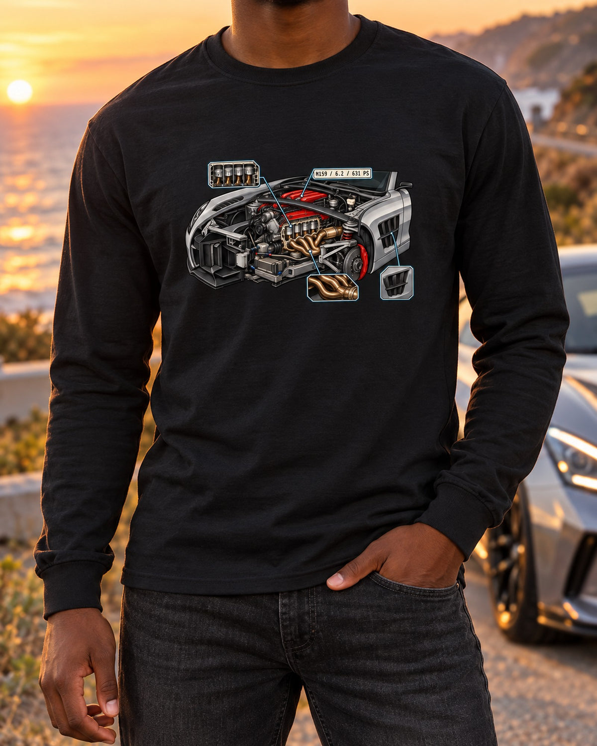 Mercedes G-Class W463 Field Plan Technical Blueprint Shirt Long Sleeve Black worn hero