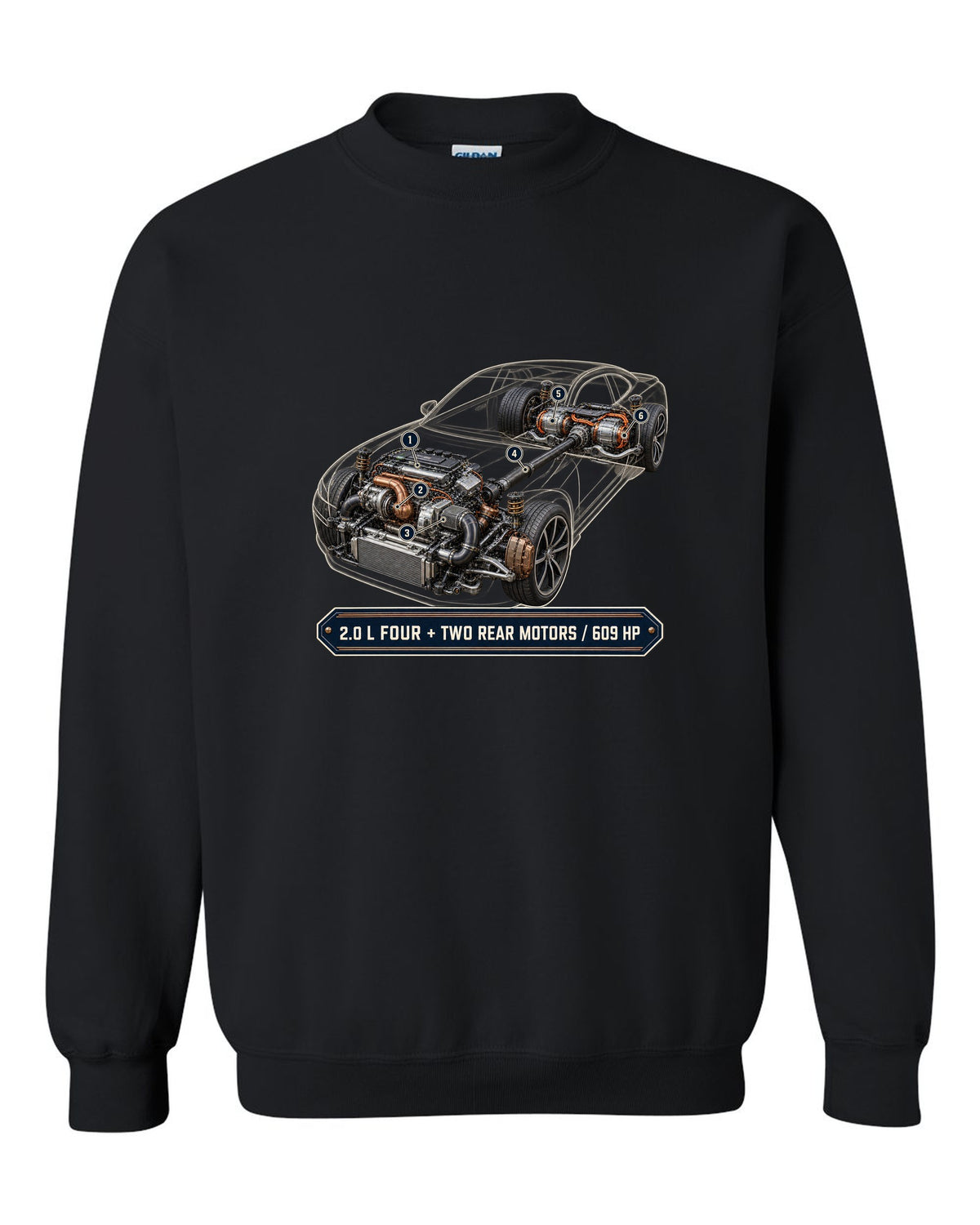 Polestar 1 hybrid drivetrain illustration, engine hero print black crewneck front view with the design