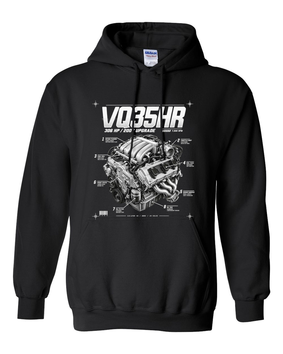 print of a Nissan 350Z Z33 VQ35HR engine plate with 306 HP and 7,500 RPM black pull over hoodie front view with the design