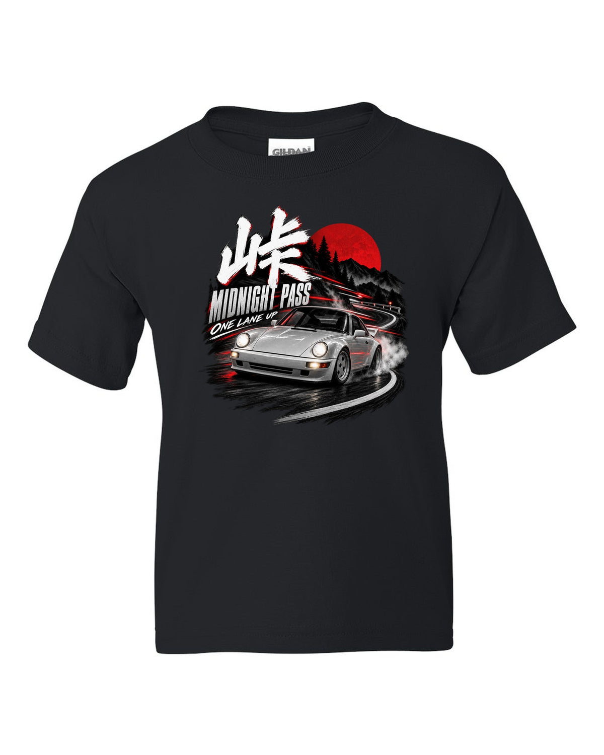 Touge night print of an outlaw-style Porsche 911 Carrera 4 964 on a mountain pass black kids tee front view with the design