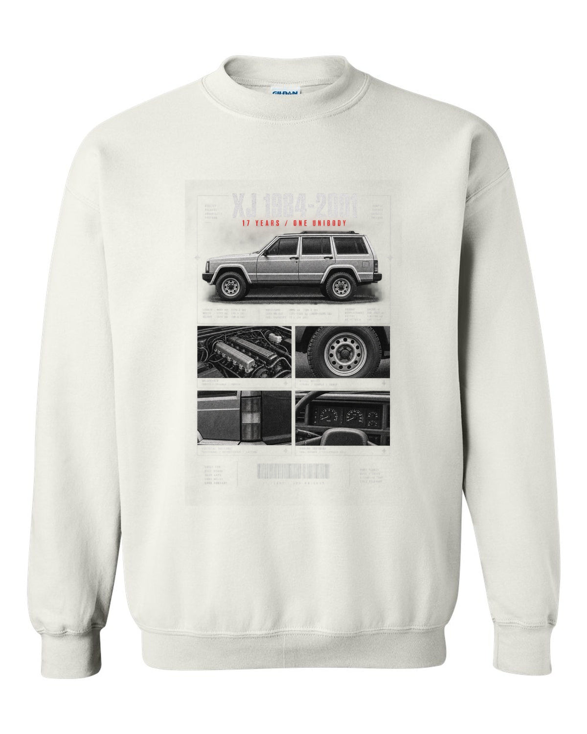 Jeep Cherokee XJ dossier panel print marking 1984 to 2001 white crewneck front view with the design