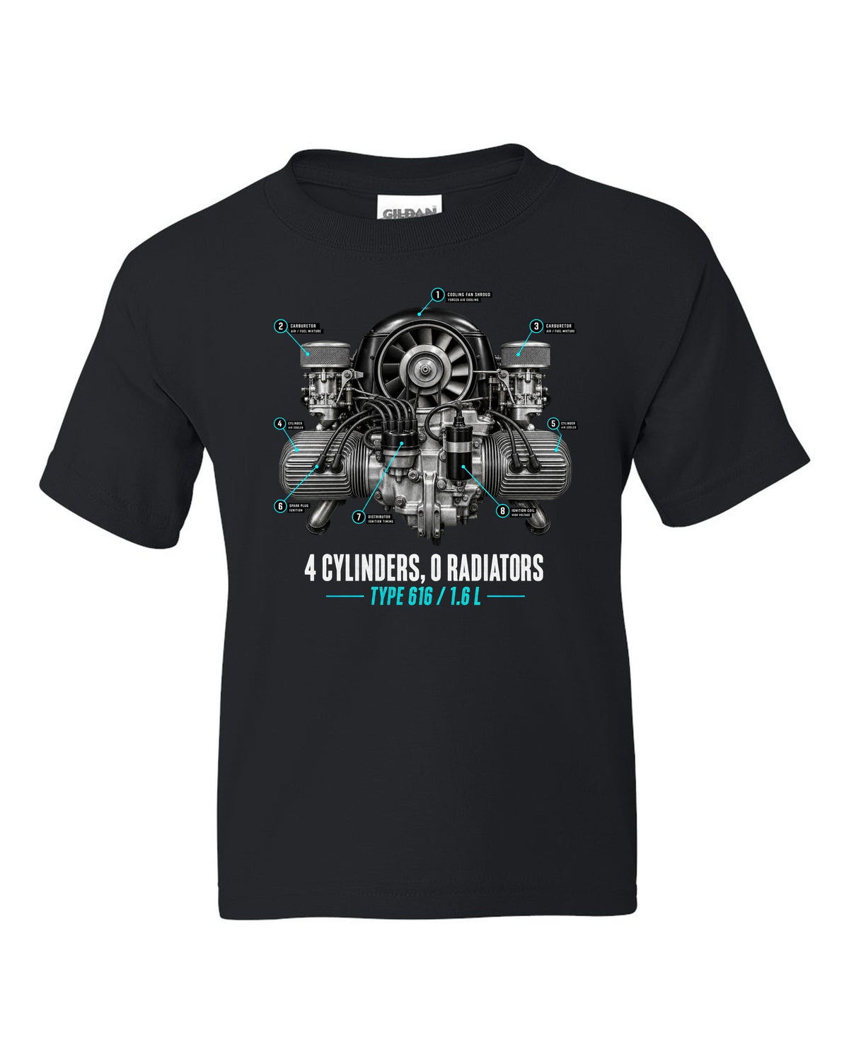Engine hero print of the Porsche 356 Type 616 1.6 L flat-four with the caption 4 cylinders 0 radiators black kids tee front view with the design