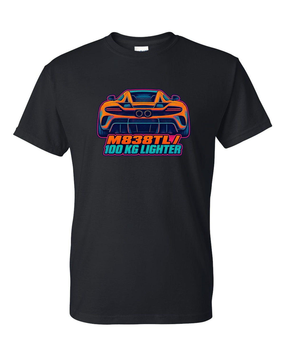 Risograph spot colour print of the McLaren 675LT flying buttress with M838TL and 100 kg Lighter lettering black t-shirt front view with the design