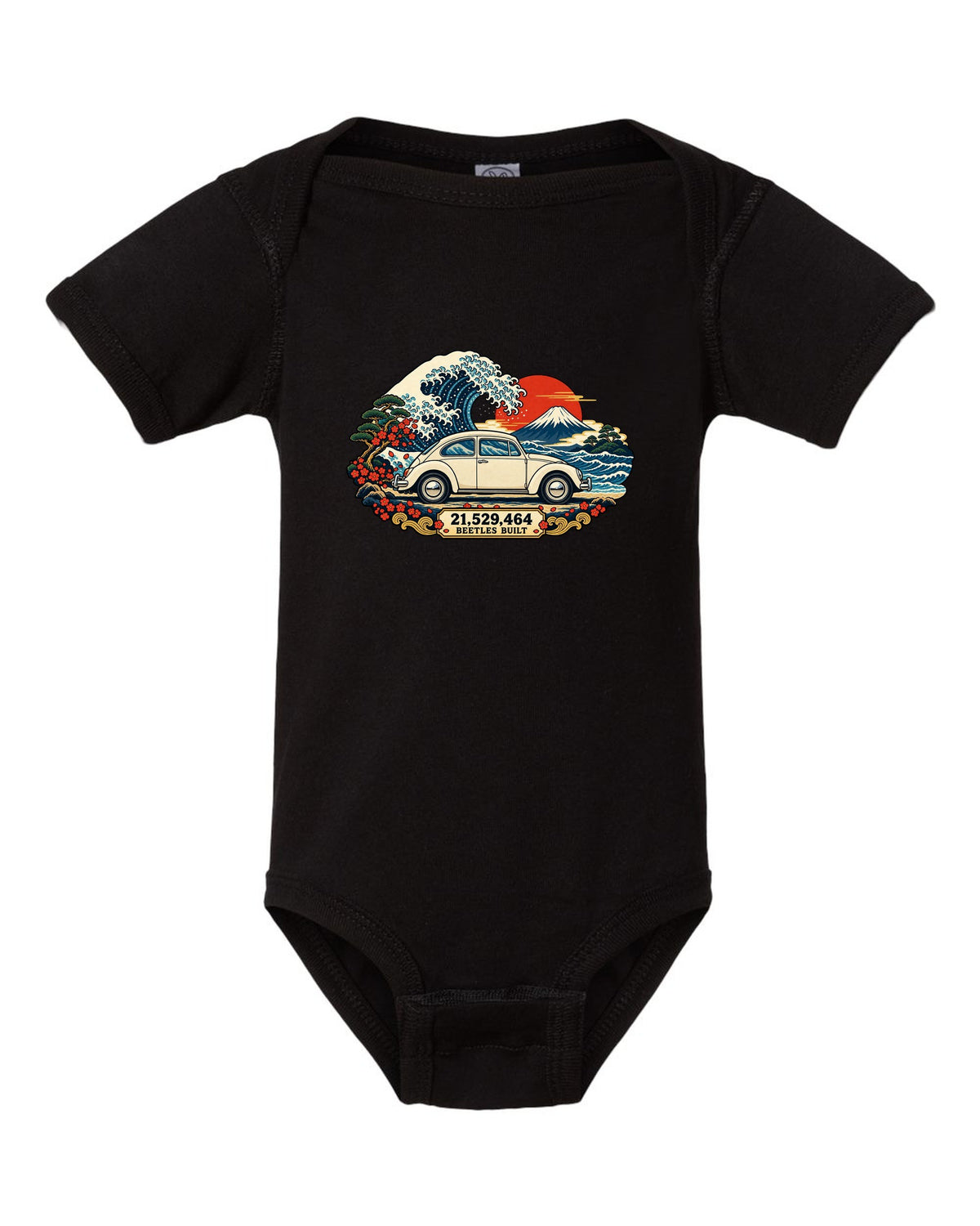 Ukiyo-e woodblock wave print of a VW Beetle Type 1 with 21,529,464 Beetles built text black baby onesie front view with the design